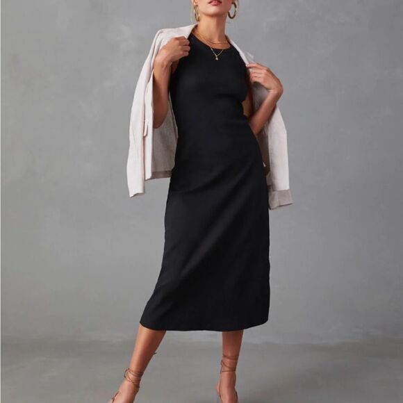 Black Ribbed Knit Midi Dress NEW Med - Picture 4 of 7